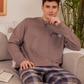 Men's pajamas, plain long-sleeved T-shirt with round neck, button-down collar, chest pocket and checkered pants