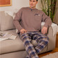 Men's pajamas, plain long-sleeved T-shirt with round neck, button-down collar, chest pocket and checkered pants