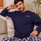 Chest pocket and V-neck check pants Men's pajamas Plain long-sleeved T-shirt with collar