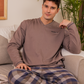 Chest pocket and V-neck check pants Men's pajamas Plain long-sleeved T-shirt with collar