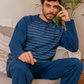 Men's Striped Raglan Sleeve Round Neck Button Down T-Shirt and Plain Pants Pajama Set