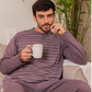 Men's Striped Raglan Sleeve Round Neck Button Down T-Shirt and Plain Pants Pajama Set