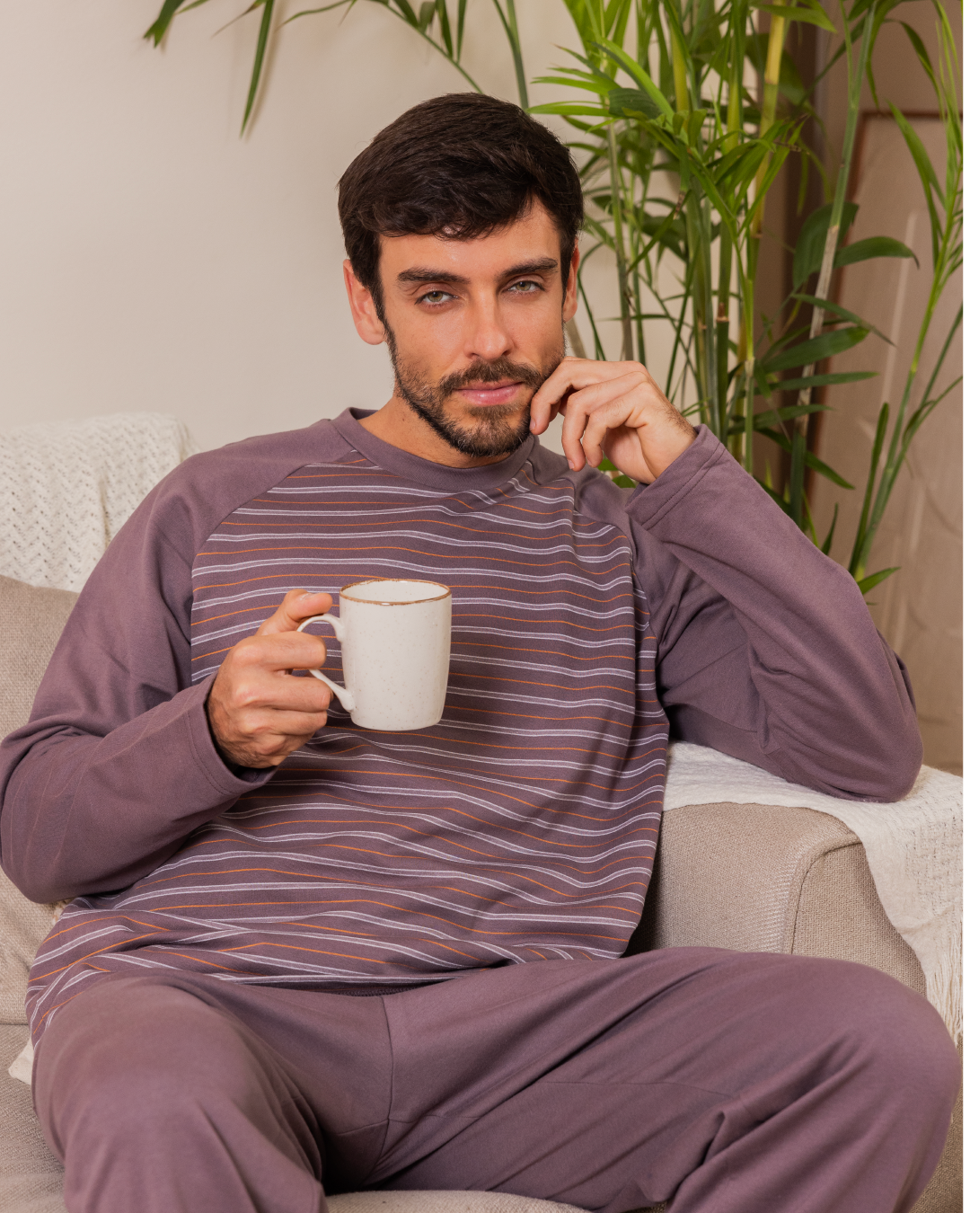 Men's Striped Raglan Sleeve Round Neck Button Down T-Shirt and Plain Pants Pajama Set