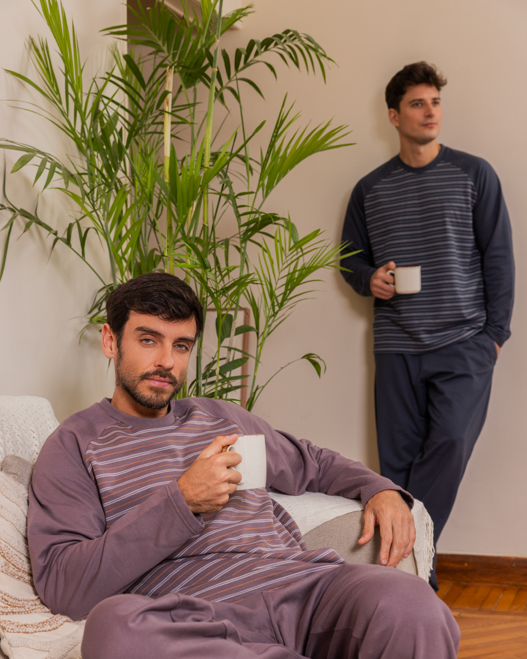 Men's Striped Raglan Sleeve Round Neck Button Down T-Shirt and Plain Pants Pajama Set