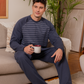Men's Striped Raglan Sleeve Round Neck Button Down T-Shirt and Plain Pants Pajama Set