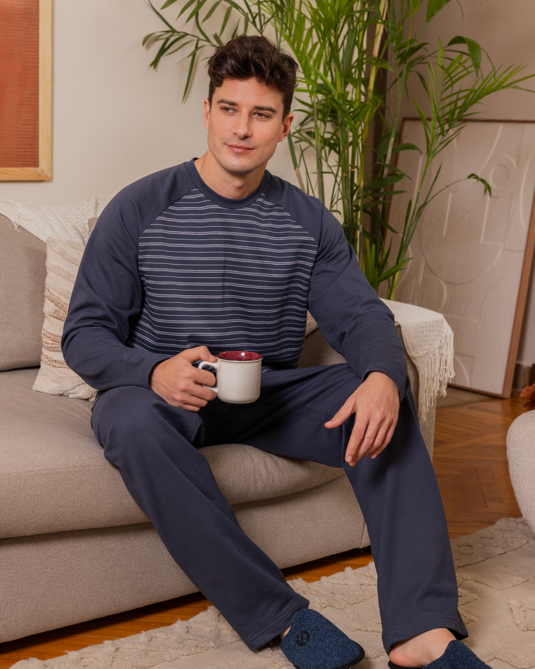 Men's Striped Raglan Sleeve Round Neck Button Down T-Shirt and Plain Pants Pajama Set