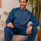 Men's Striped Raglan Sleeve Round Neck Button Down T-Shirt and Plain Pants Pajama Set