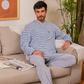 Men's Striped V-Neck Button Down Pajama Set with Chest Pocket and Plain Pants