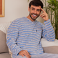 Men's Striped V-Neck Button Down Pajama Set with Chest Pocket and Plain Pants