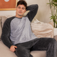 Men's pajamas, plain long-sleeved velvet T-shirt with round neck, button-down collar, embroidered chest pocket and plain pants