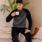 Men's pajamas, plain long-sleeved velvet T-shirt with round neck, button-down collar, embroidered chest pocket and plain pants
