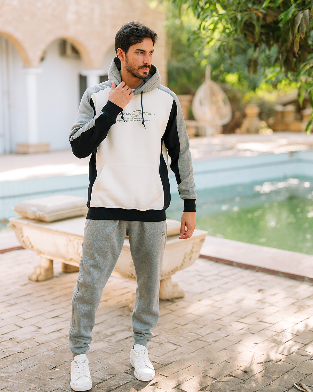 SPORT WEAR Men's hooded pajamas with pockets and chest print
