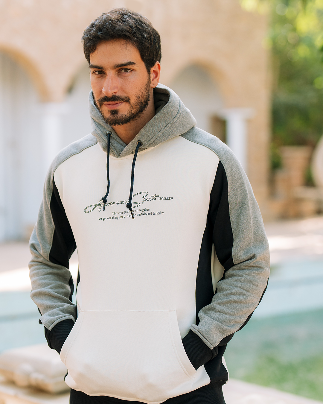 SPORT WEAR Men's hooded pajamas with pockets and chest print