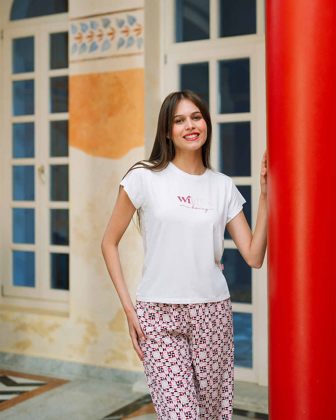 بيجاما بنطلون  قطن اشكال هندسيه و توب نص كم