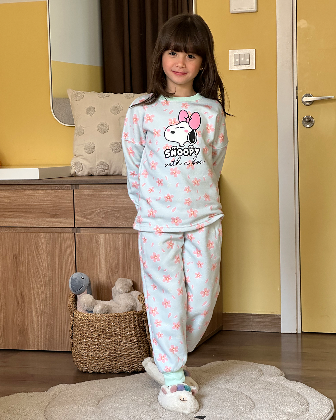 Snoopy with a bow girls long sleeve pajamas