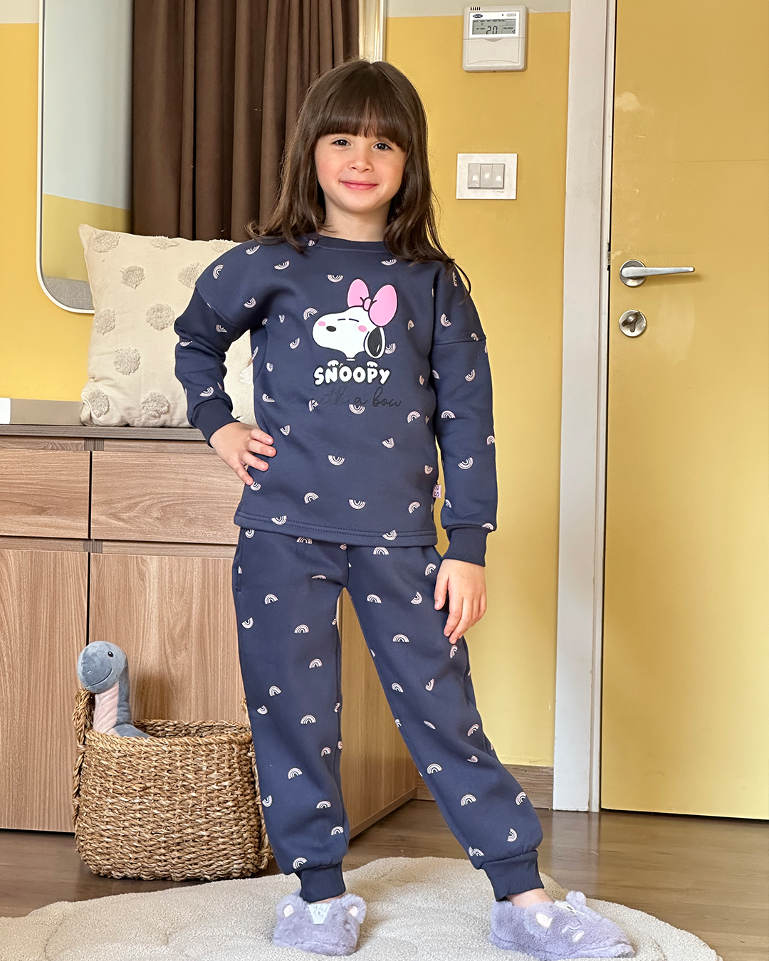 Snoopy with a bow girls long sleeve pajamas
