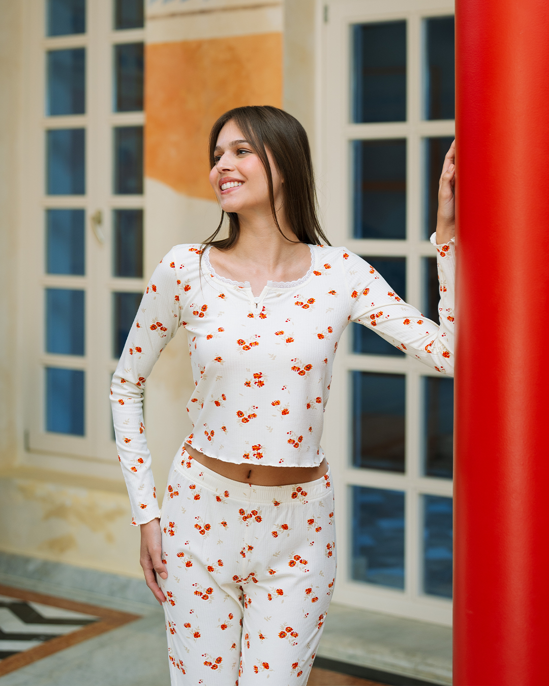 Women's Long Sleeve Orange Rose Pajamas 