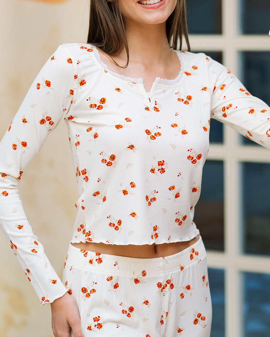 Women's Long Sleeve Orange Rose Pajamas 