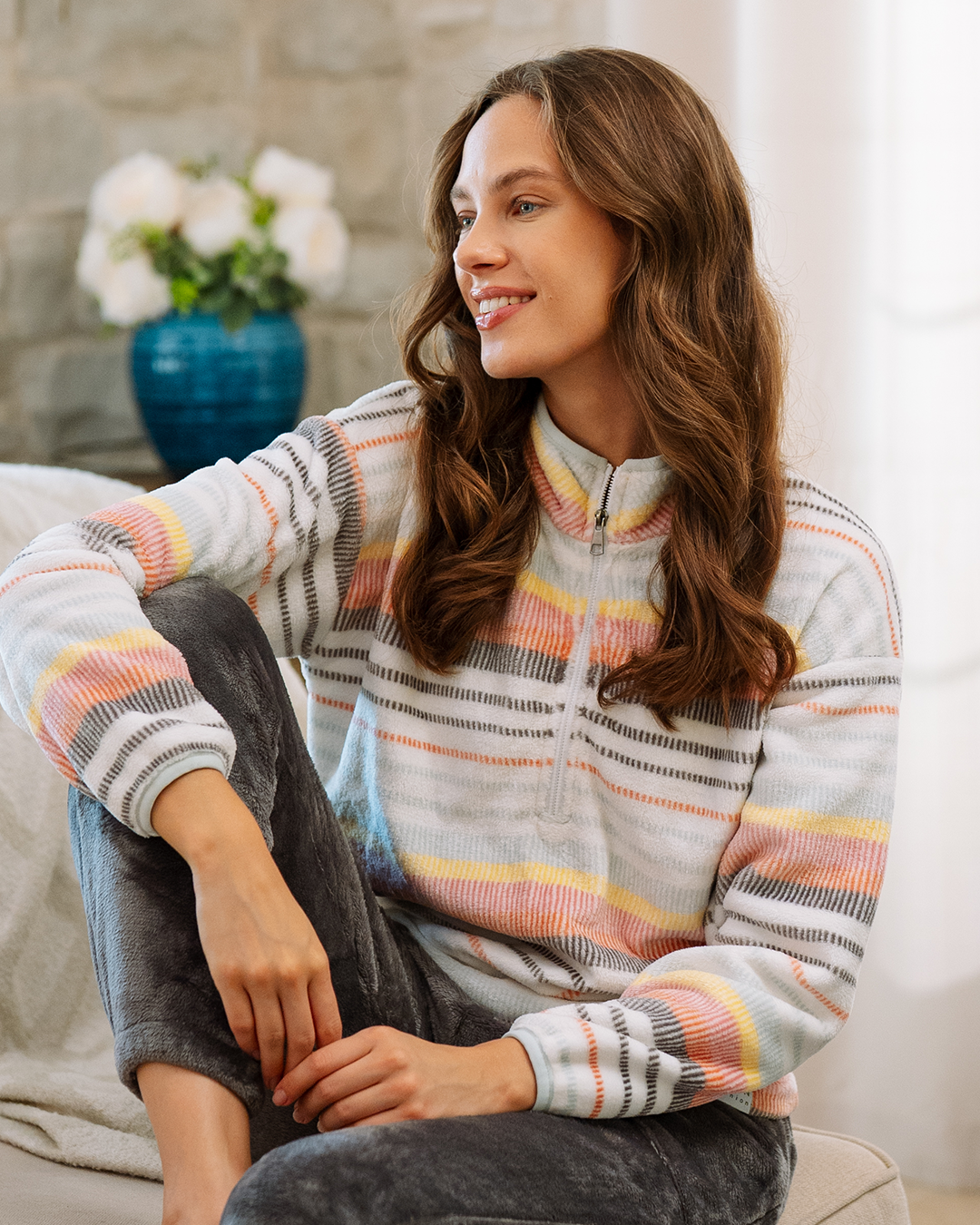 بيجاما بكم طويل خطوط و بنطلون بولار