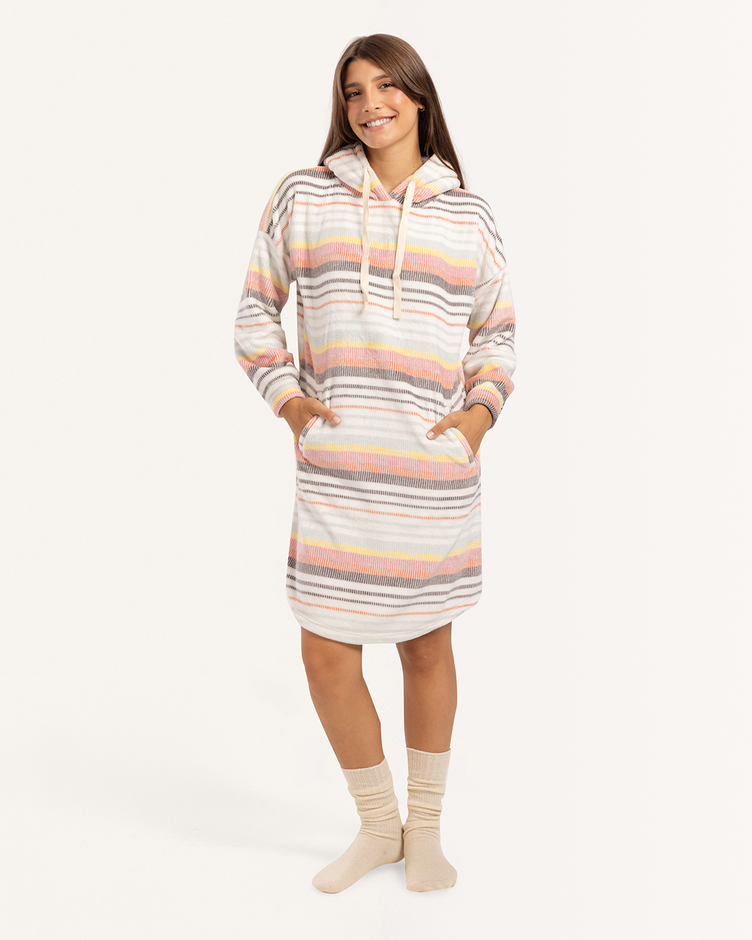 فستان شتوي بكابيشوه و كم طويل مخطط