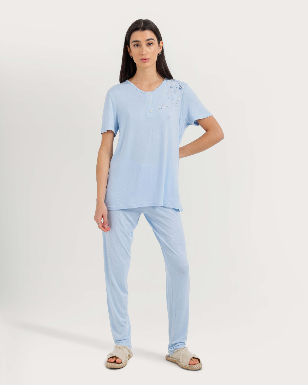 Women's Half Sleeve Pajama with Embroidered Pants