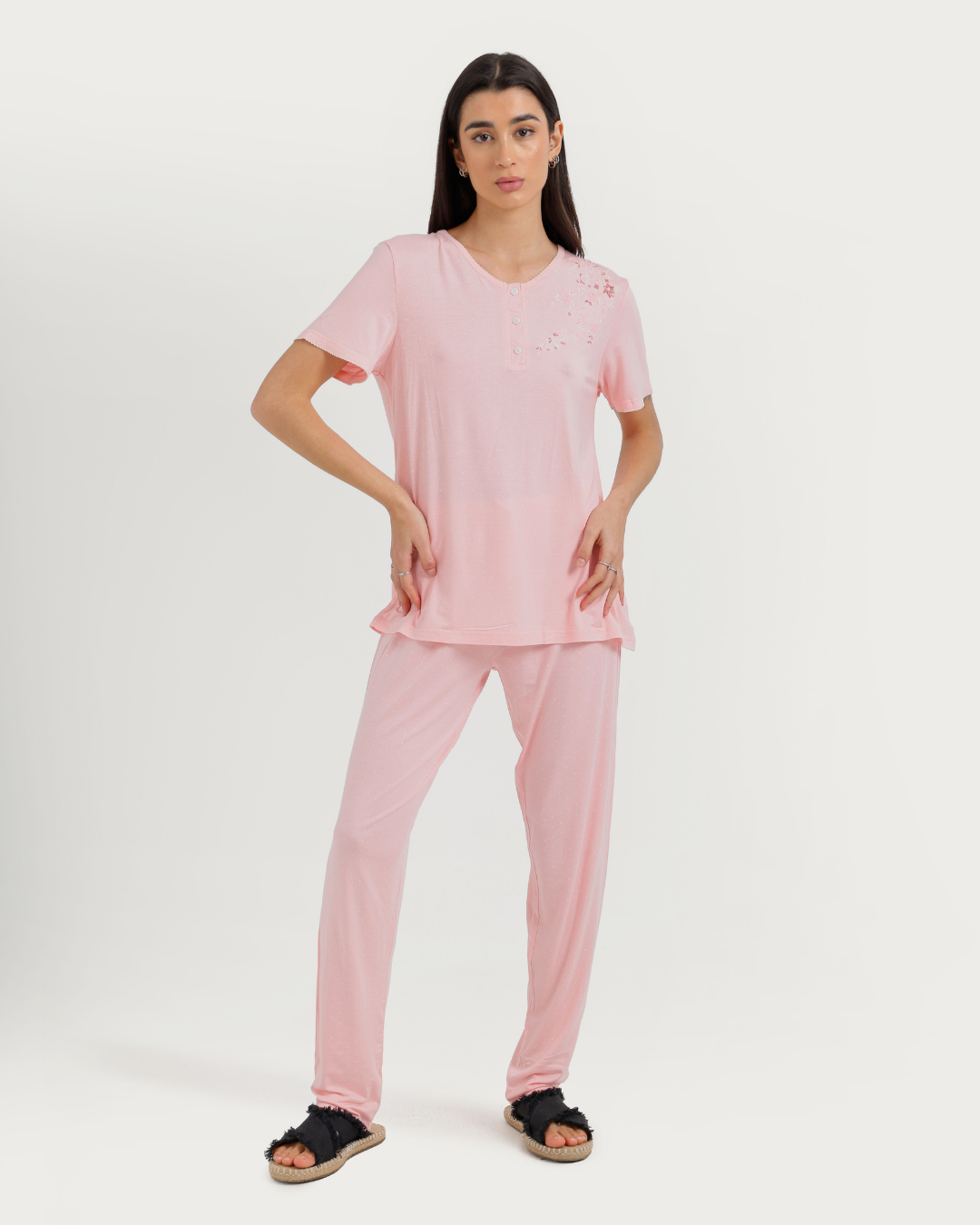 Women's Half Sleeve Pajama with Embroidered Pants