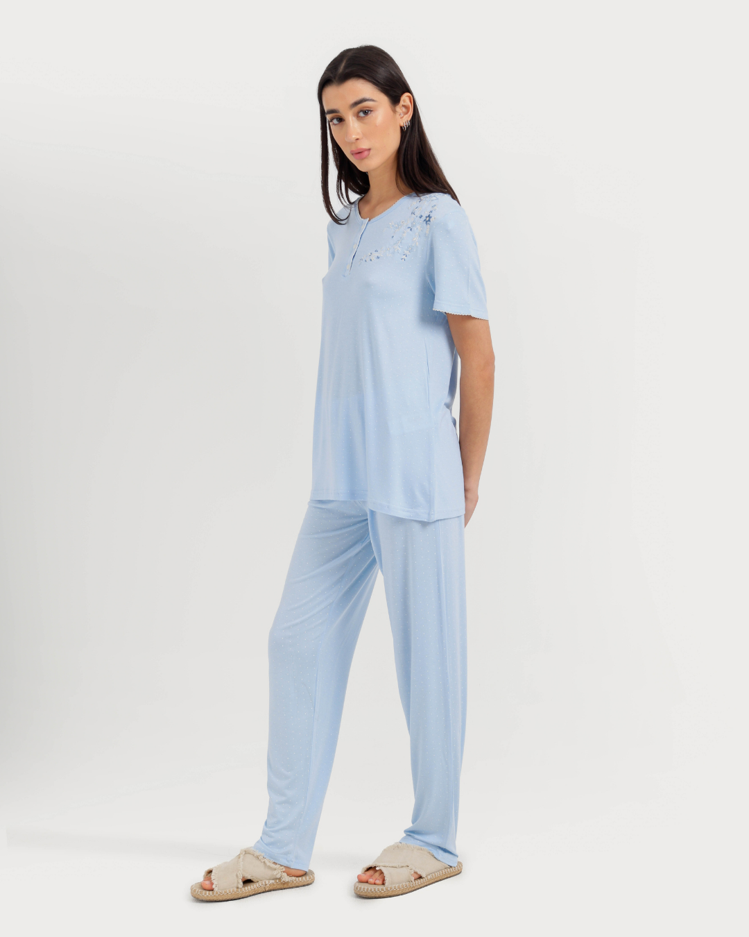 Women's Half Sleeve Pajama with Embroidered Pants
