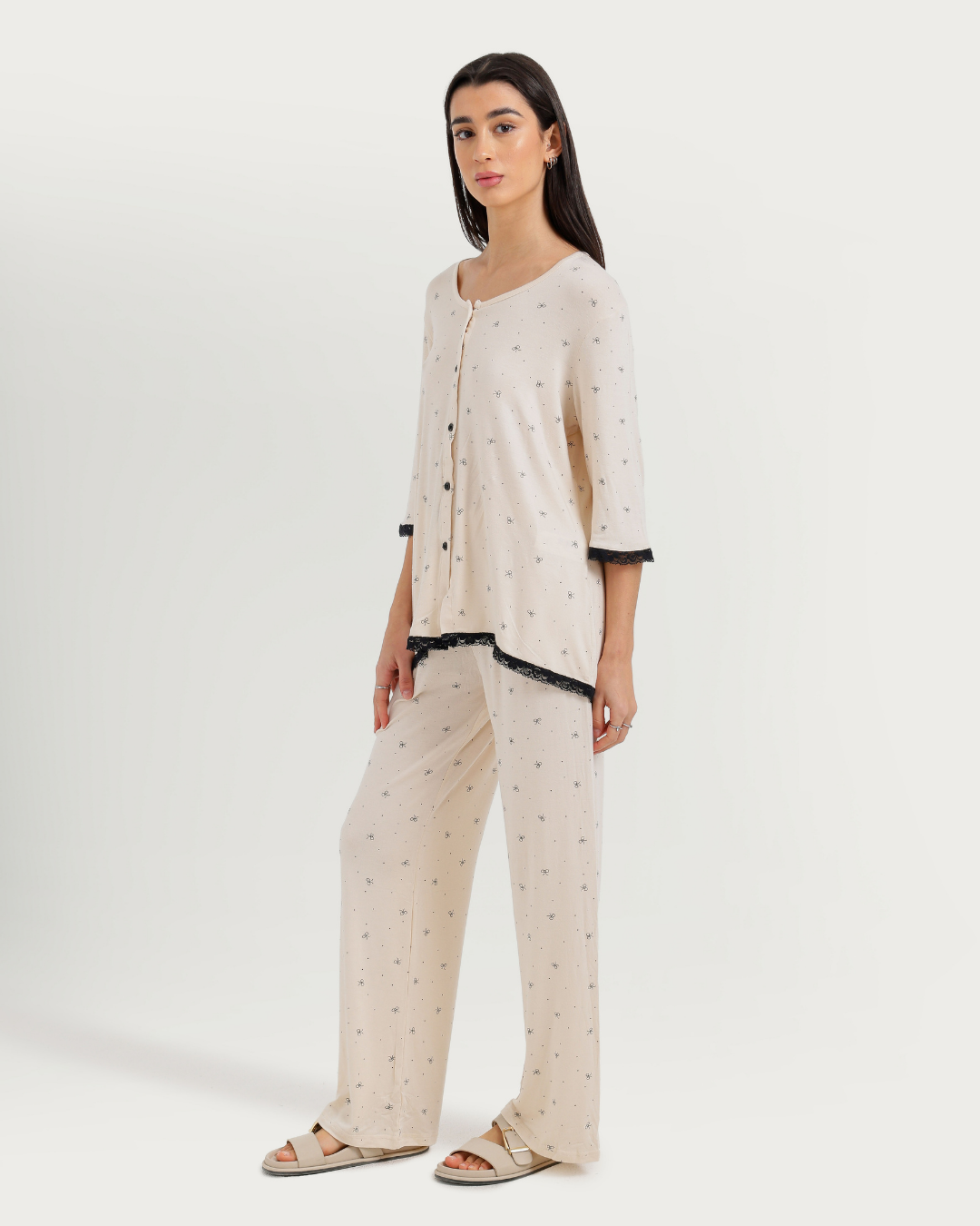 Women's Pajama with 3/4 Sleeves and Bows Pants