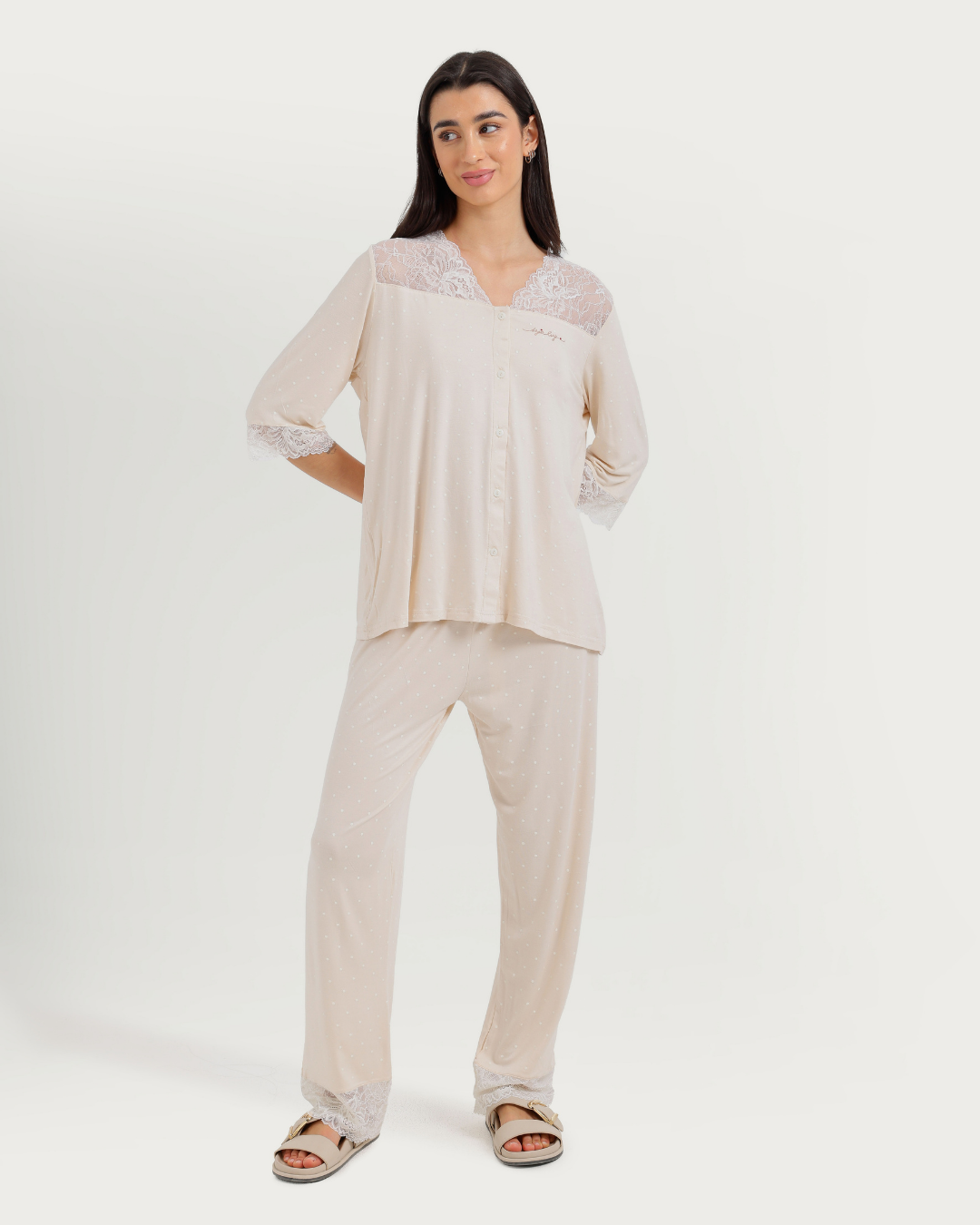 Women's Three-Quarter Sleeve Pajama with Buttons and Lace Pants