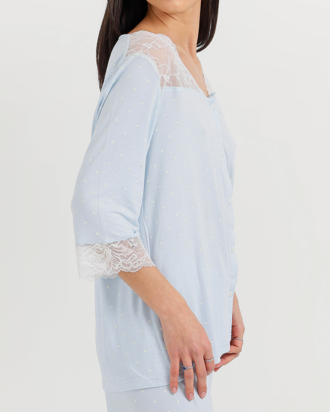 Women's Three-Quarter Sleeve Pajama with Buttons and Lace Pants