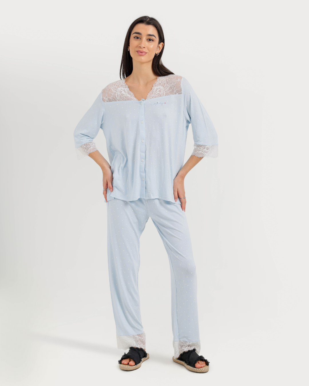 Women's Three-Quarter Sleeve Pajama with Buttons and Lace Pants