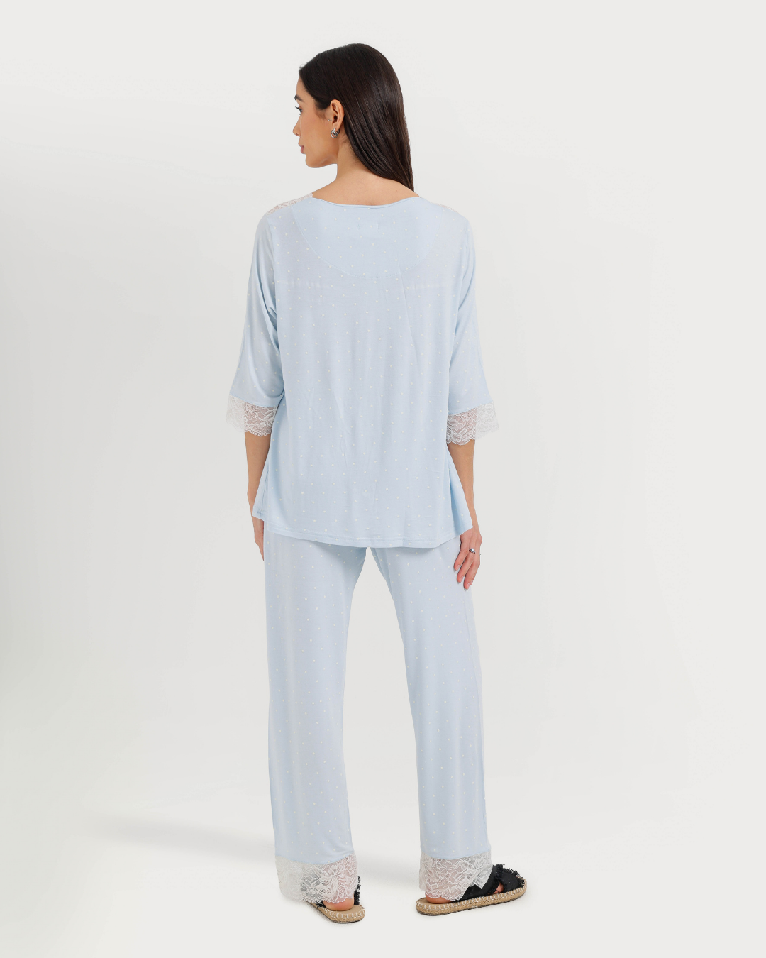 Women's Three-Quarter Sleeve Pajama with Buttons and Lace Pants