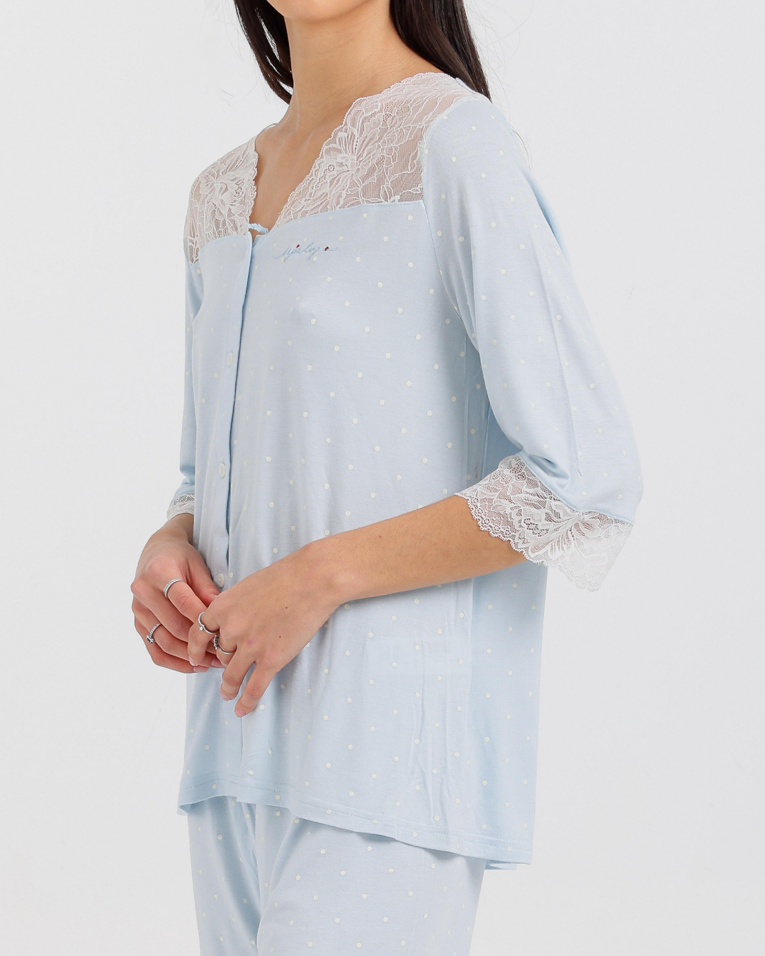 Women's Three-Quarter Sleeve Pajama with Buttons and Lace Pants