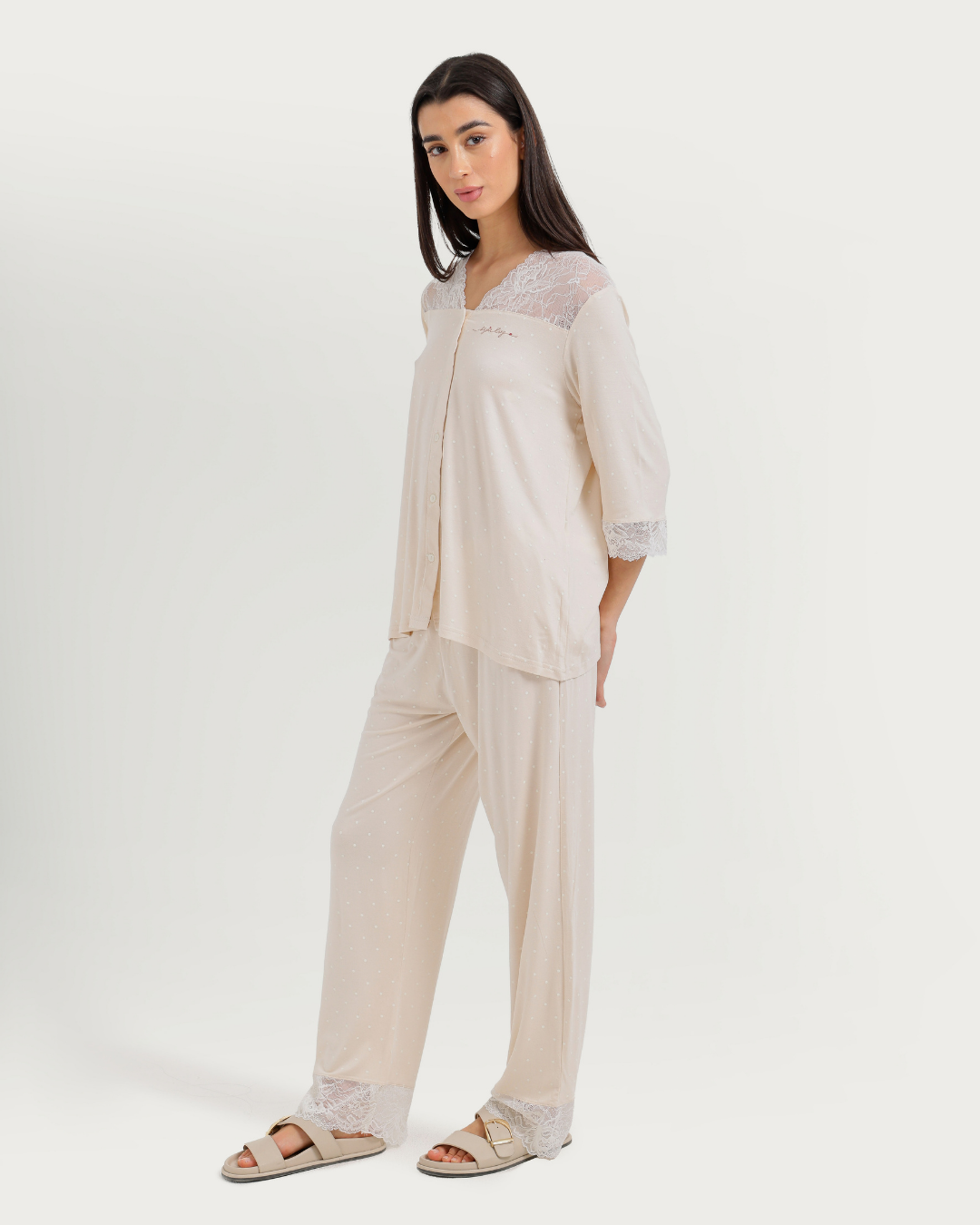 Women's Three-Quarter Sleeve Pajama with Buttons and Lace Pants