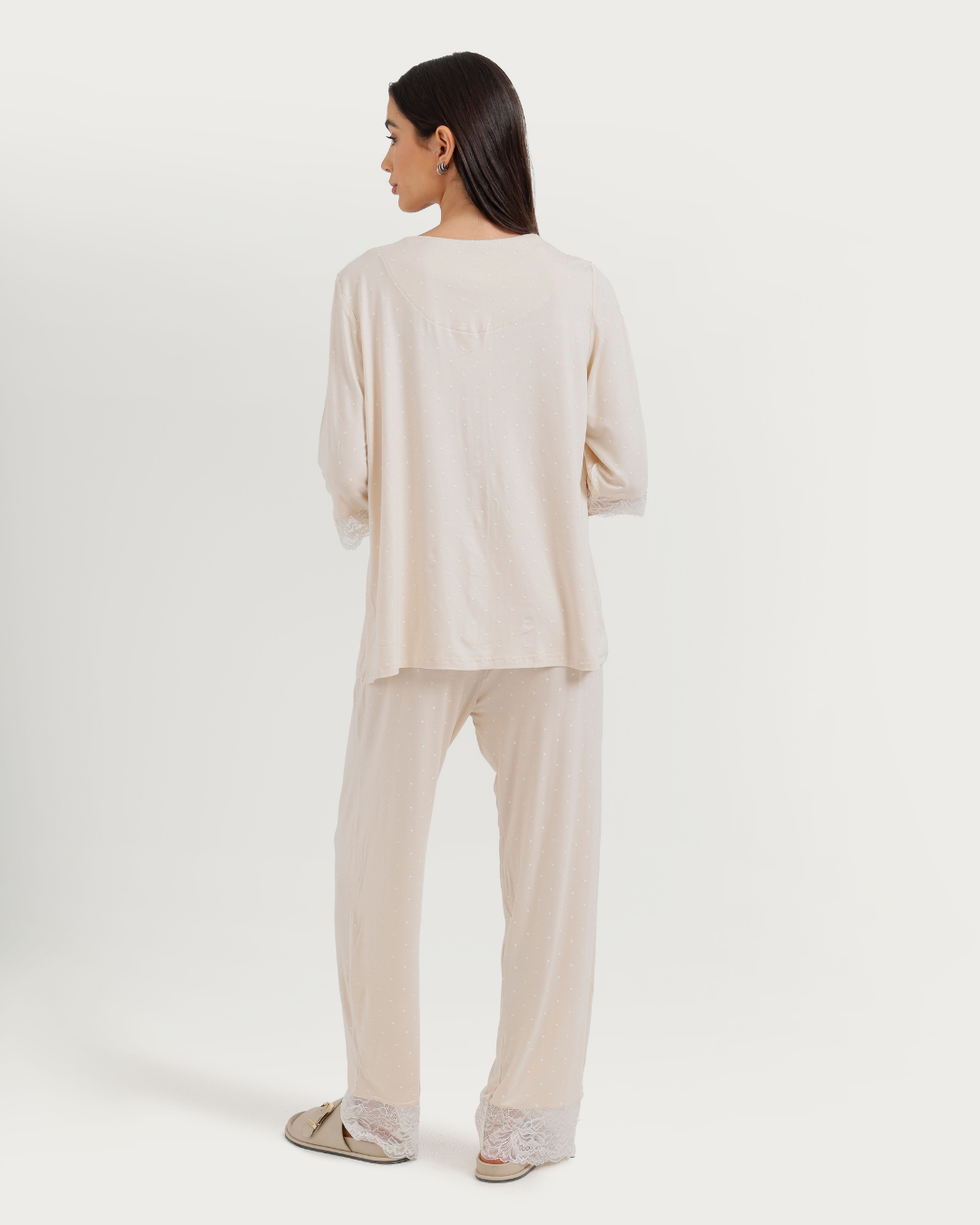 Women's Three-Quarter Sleeve Pajama with Buttons and Lace Pants