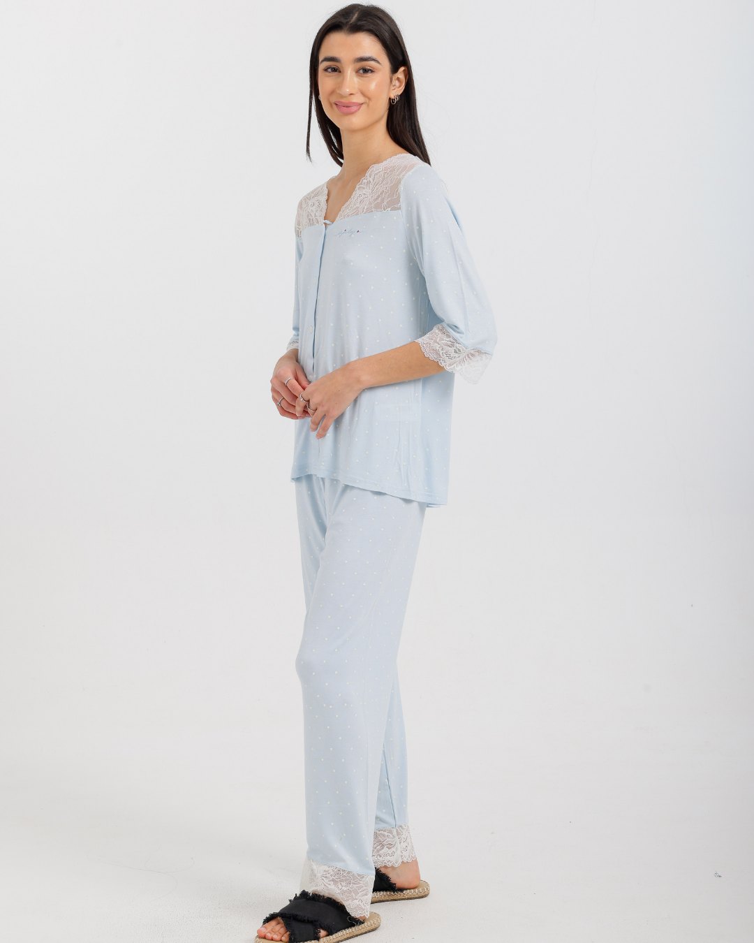 Women's Three-Quarter Sleeve Pajama with Buttons and Lace Pants
