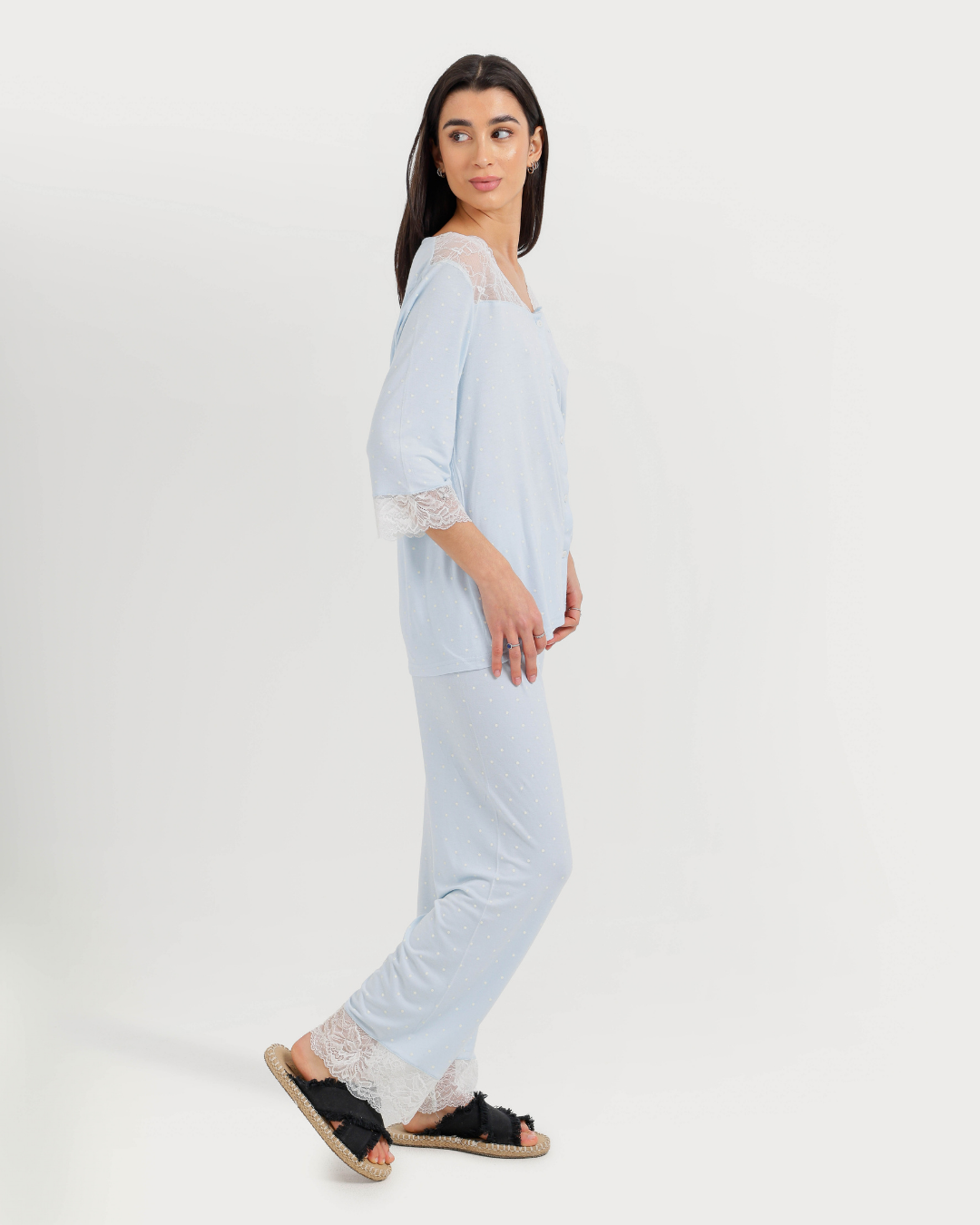 Women's Three-Quarter Sleeve Pajama with Buttons and Lace Pants