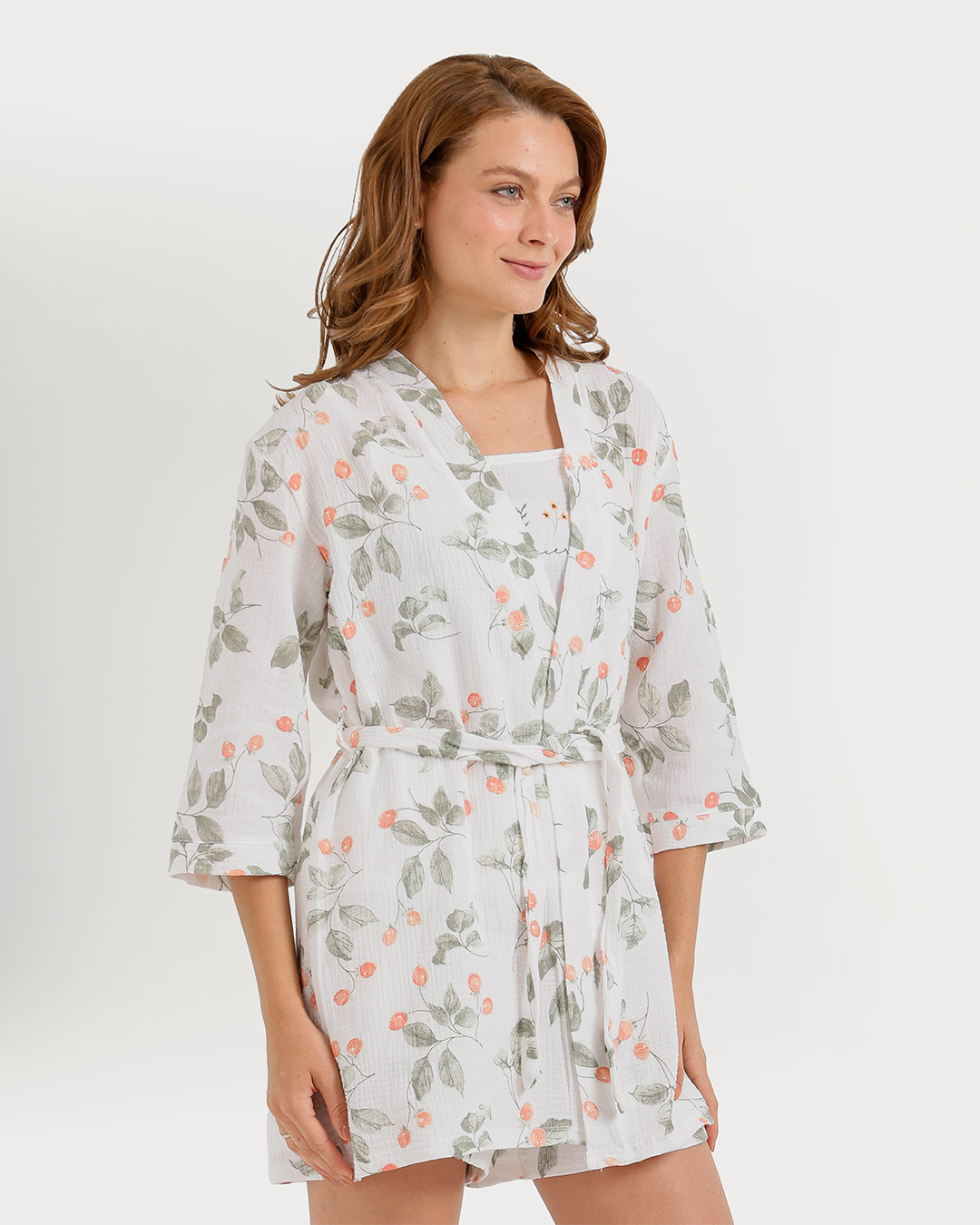 Women's 3-piece camisole, shorts, and printed robe pajamas