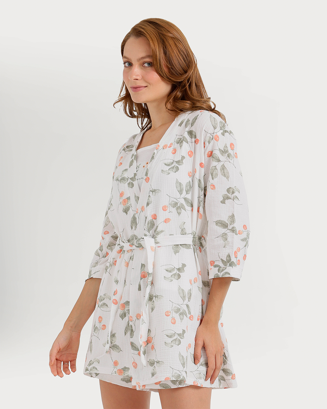 Women's 3-piece camisole, shorts, and printed robe pajamas