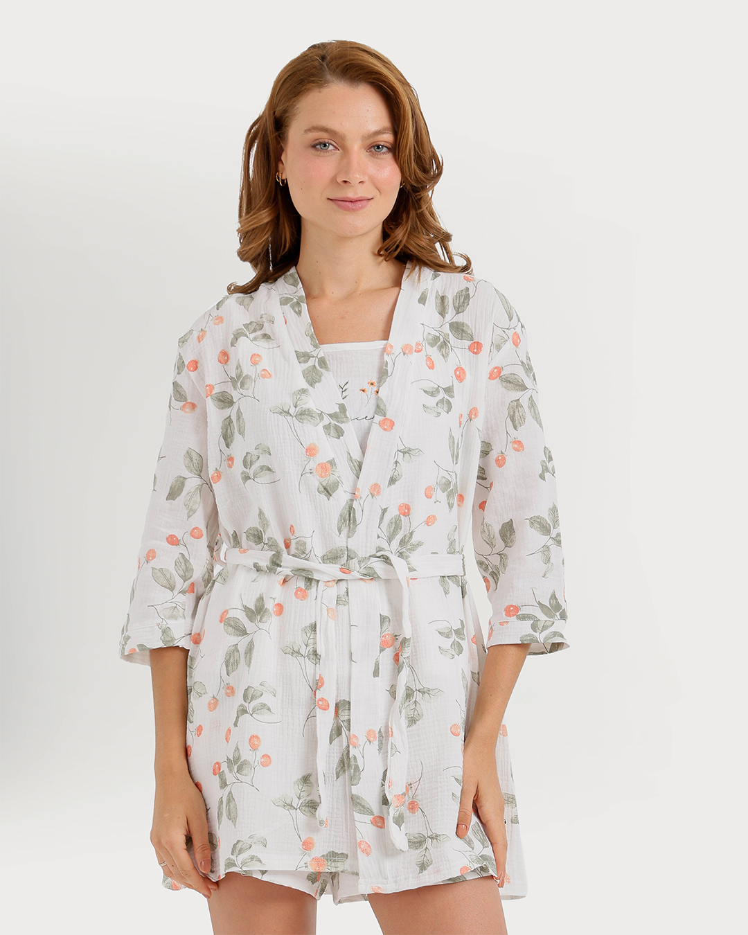 Women's 3-piece camisole, shorts, and printed robe pajamas
