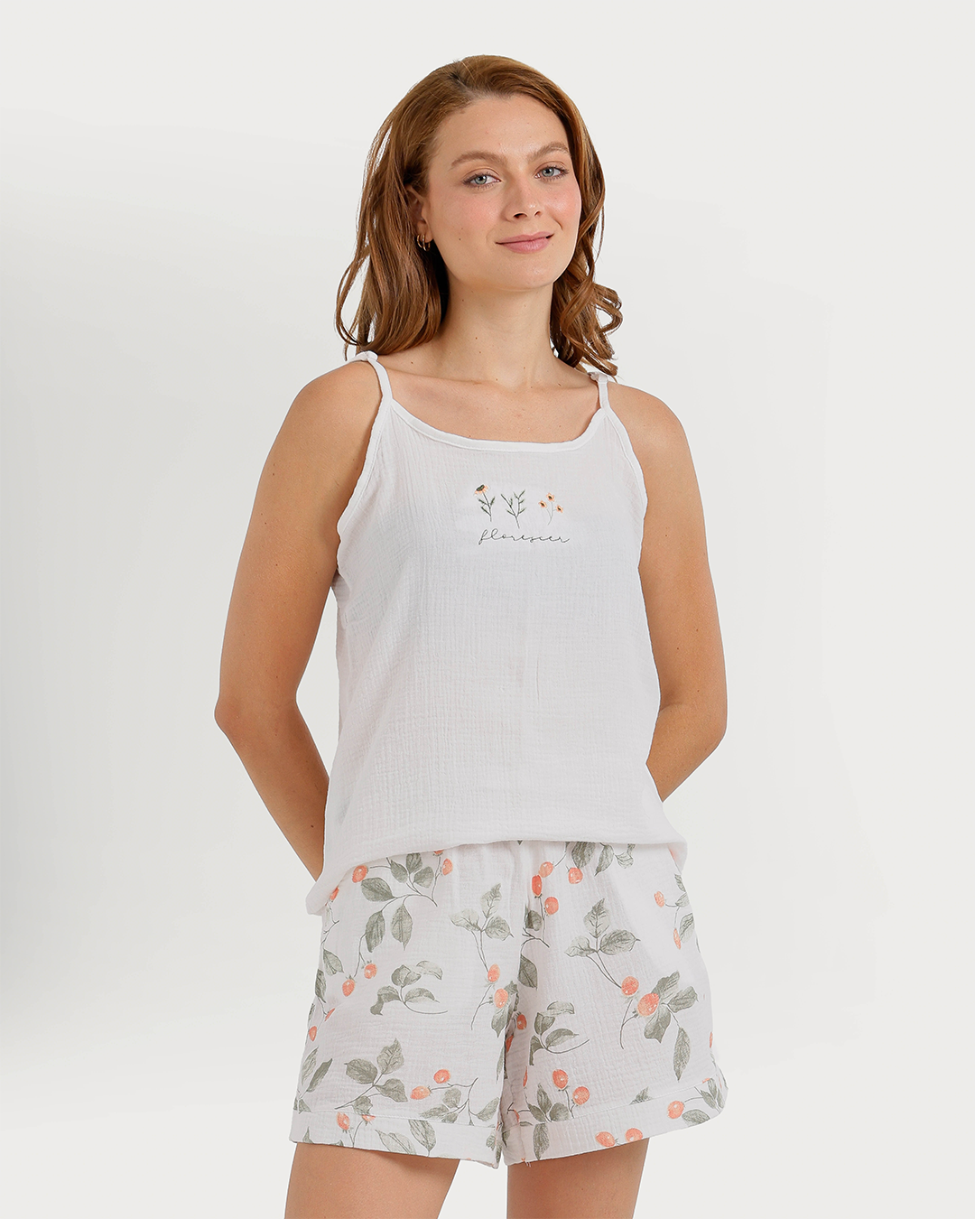 Women's 3-piece camisole, shorts, and printed robe pajamas