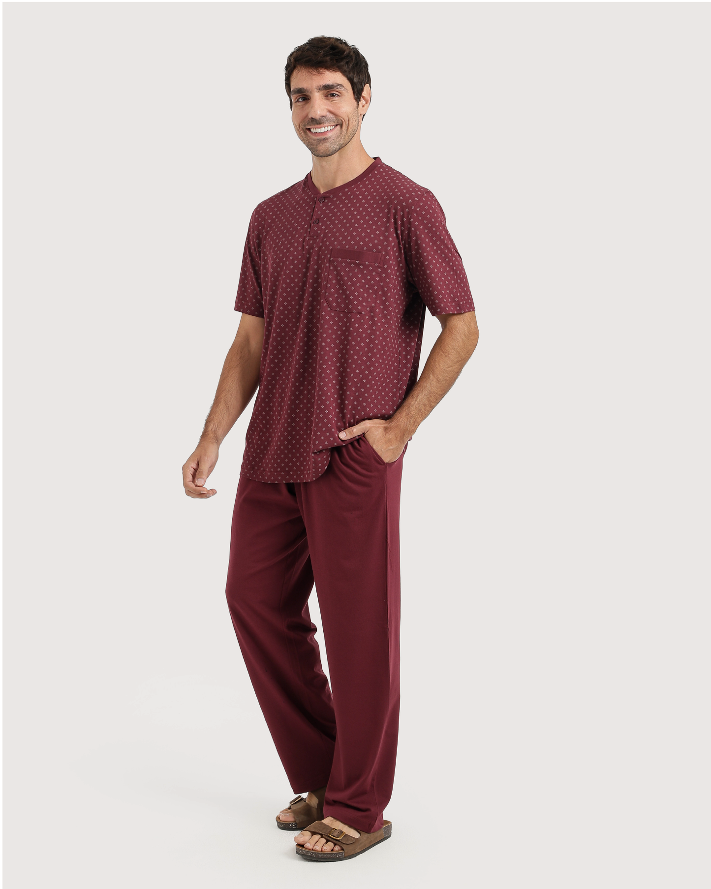 Man with an elegant classic look in a pajama with a distinctive geometric pattern