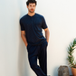 Man with an elegant classic look in a pajama with a distinctive geometric pattern