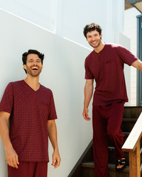 Man with an elegant classic look in a pajama with a distinctive geometric pattern