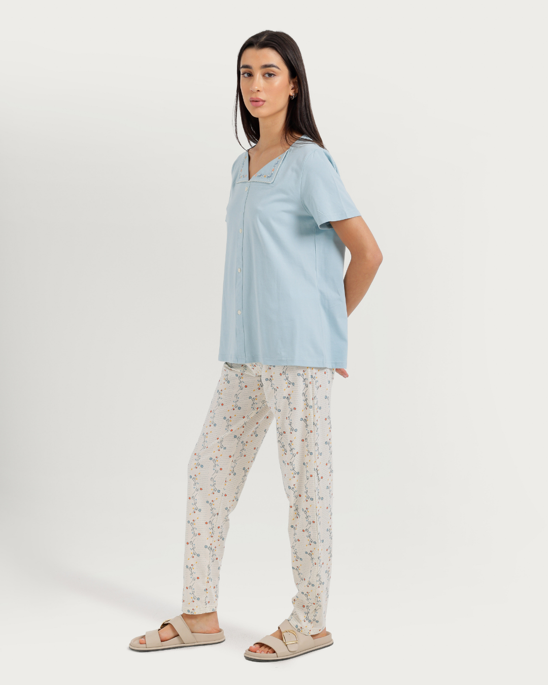 Women's Half Sleeve Pajama with Embroidered Pants