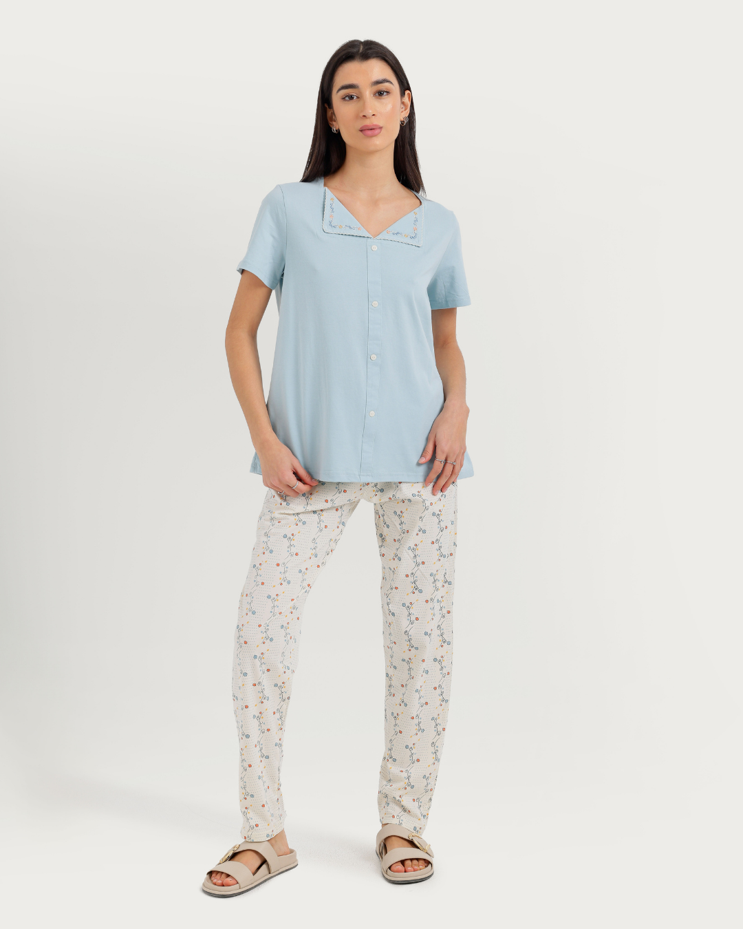 Women's Half Sleeve Pajama with Embroidered Pants