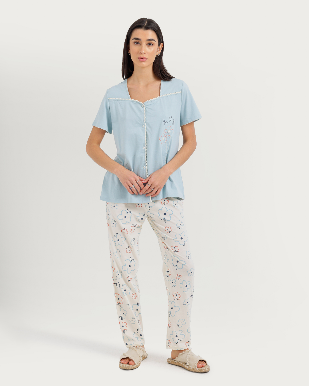 Women's Half Sleeve Pajama with Embroidered Pants