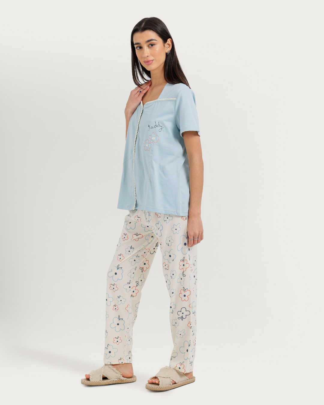Women's Half Sleeve Pajama with Embroidered Pants