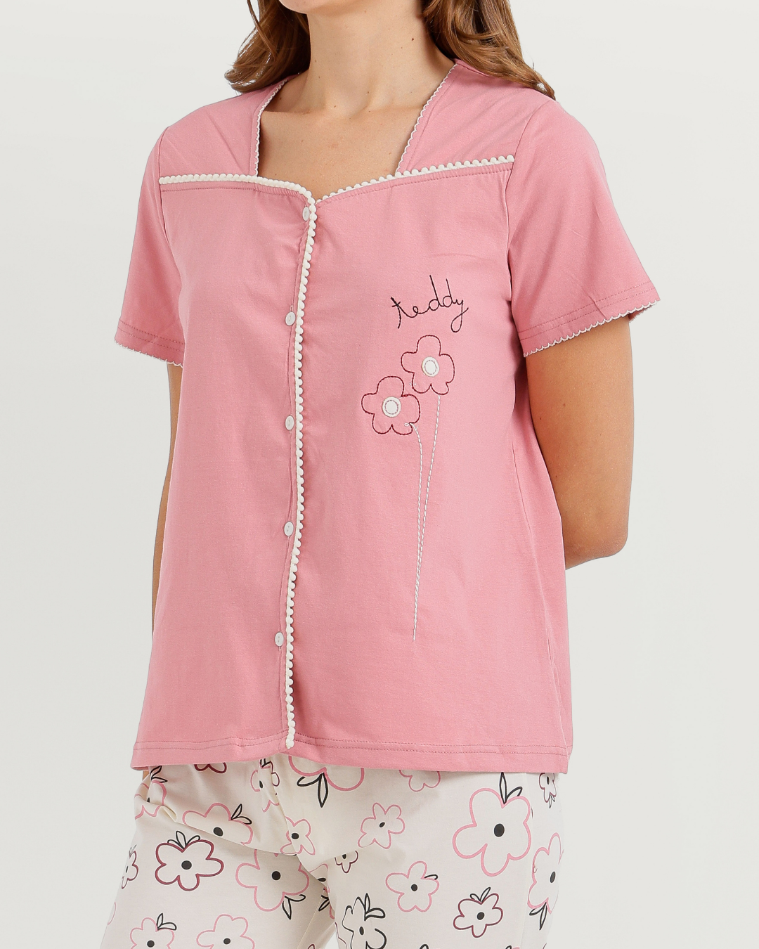 Women's Half Sleeve Pajama with Embroidered Pants