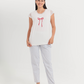 Pajama women's pants and dentures are worn